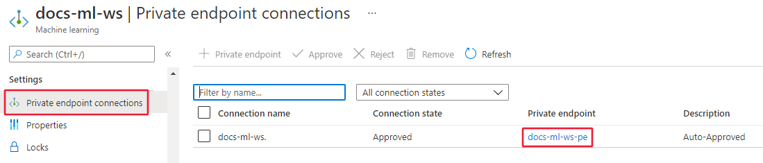 Capture d’écran des connexions de point de terminaison privé pour l’espace de travail.