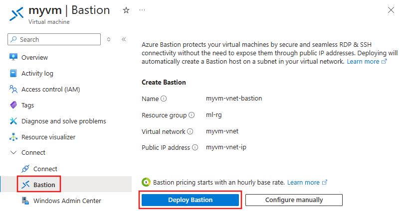 Capture d’écran de l’option de déploiement de Bastion.