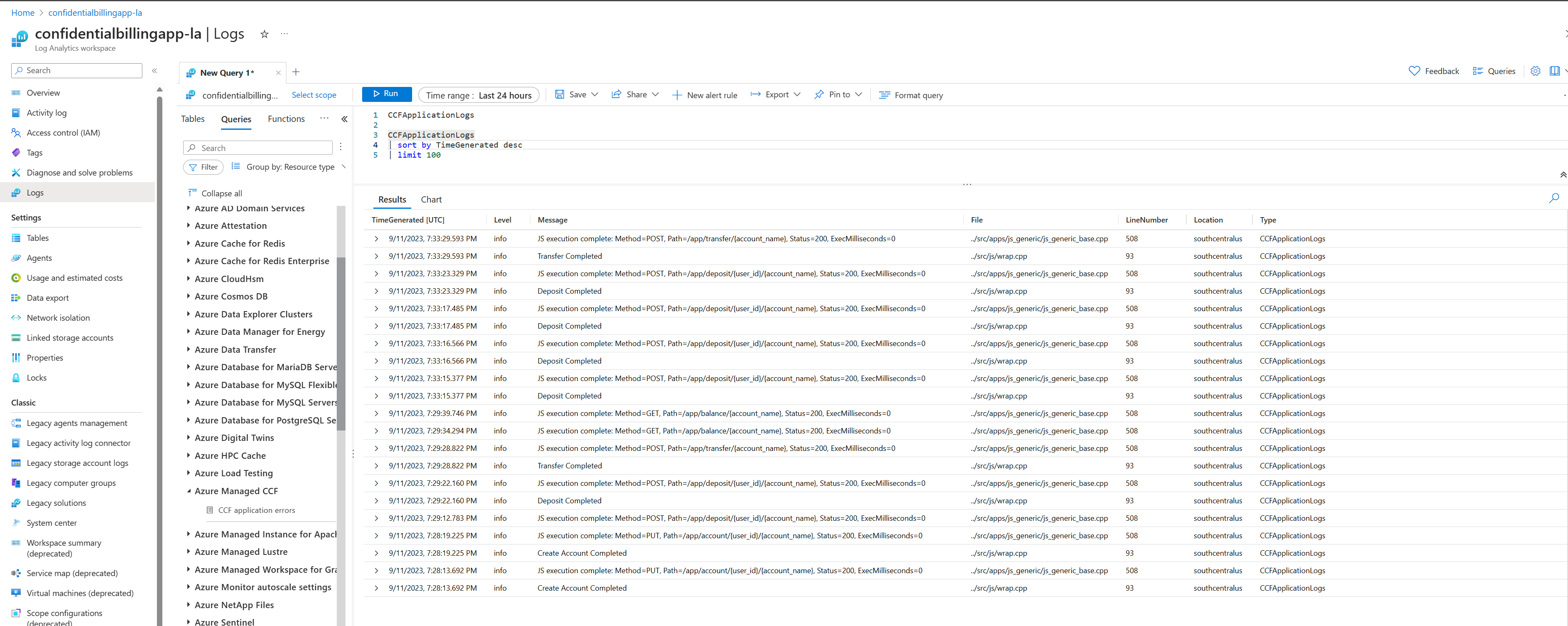 Capture d’écran montrant la requête de ressource Managed CCF dans l’écran Log Analytics.