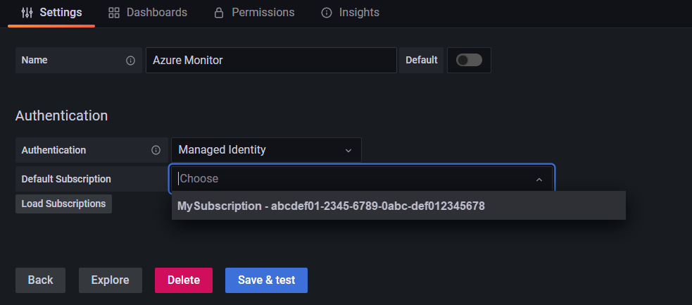 Capture d’écran de la page Azure Monitor dans les sources de données.