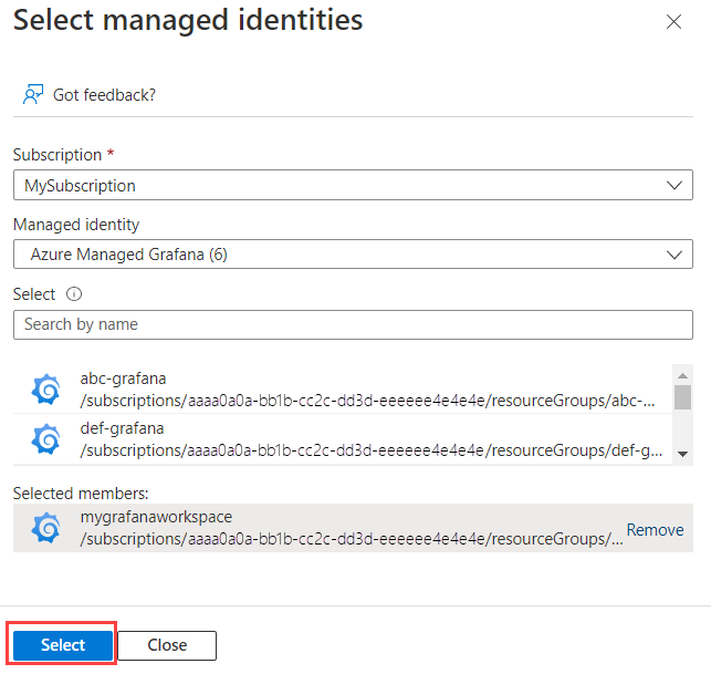 Capture d’écran de la plateforme Azure et de la sélection de l’espace de travail.