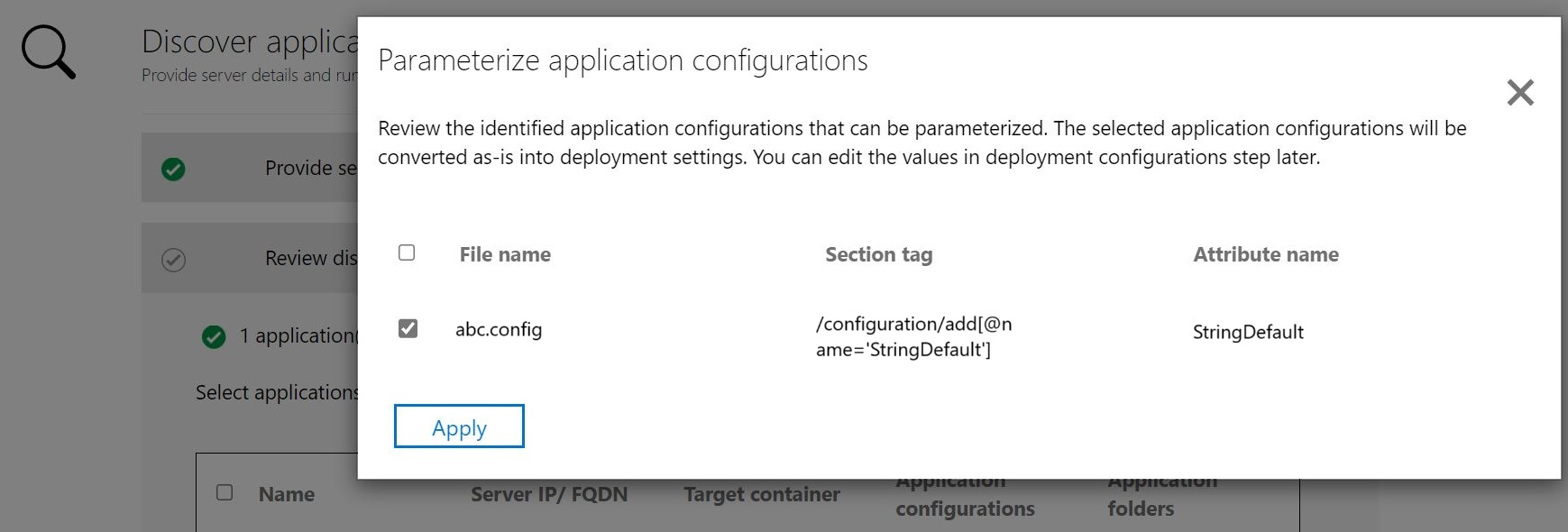 Capture d’écran de l’application ASP.NET de paramétrage de la configuration de l’application.