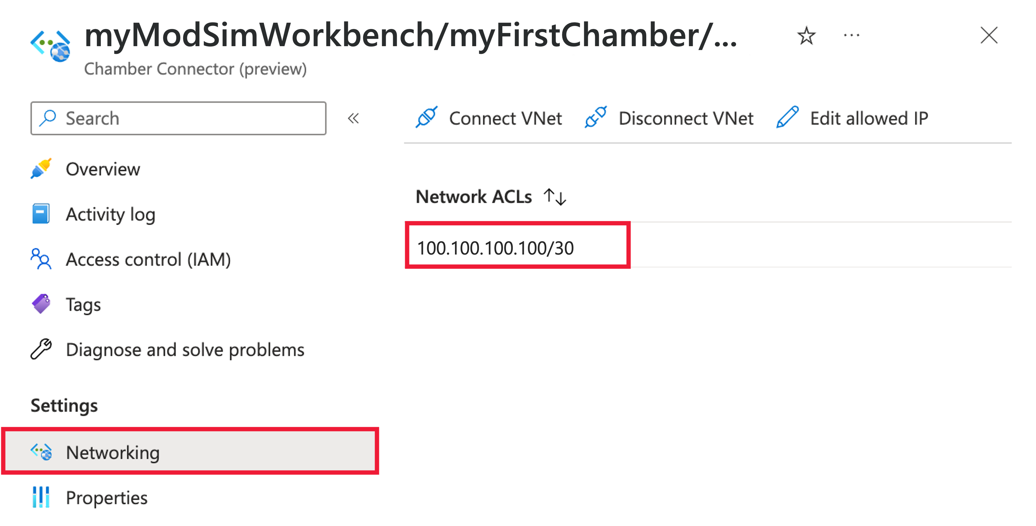 Capture d’écran du portail Azure dans un navigateur web, montrant la liste d’autorisation pour la mise en réseau du connecteur de chambre.