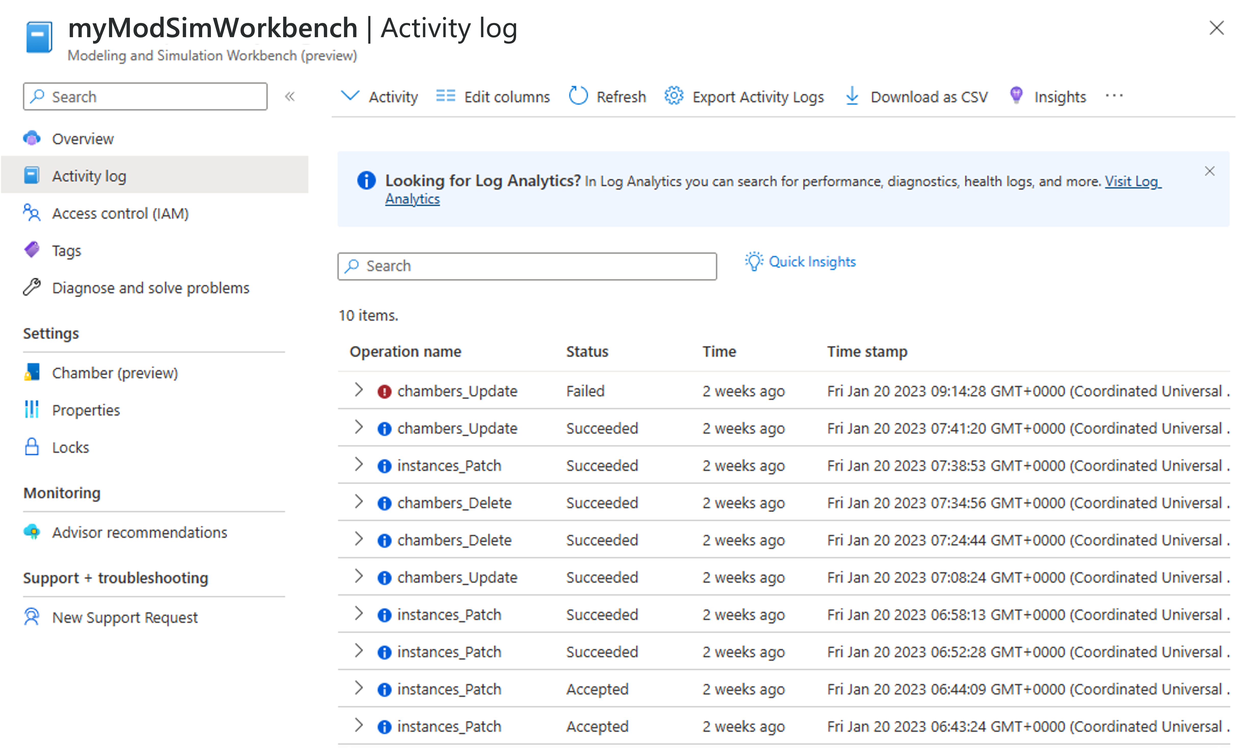 Capture d’écran du portail Azure dans un navigateur web, montrant le journal d’activité pour un workbench.