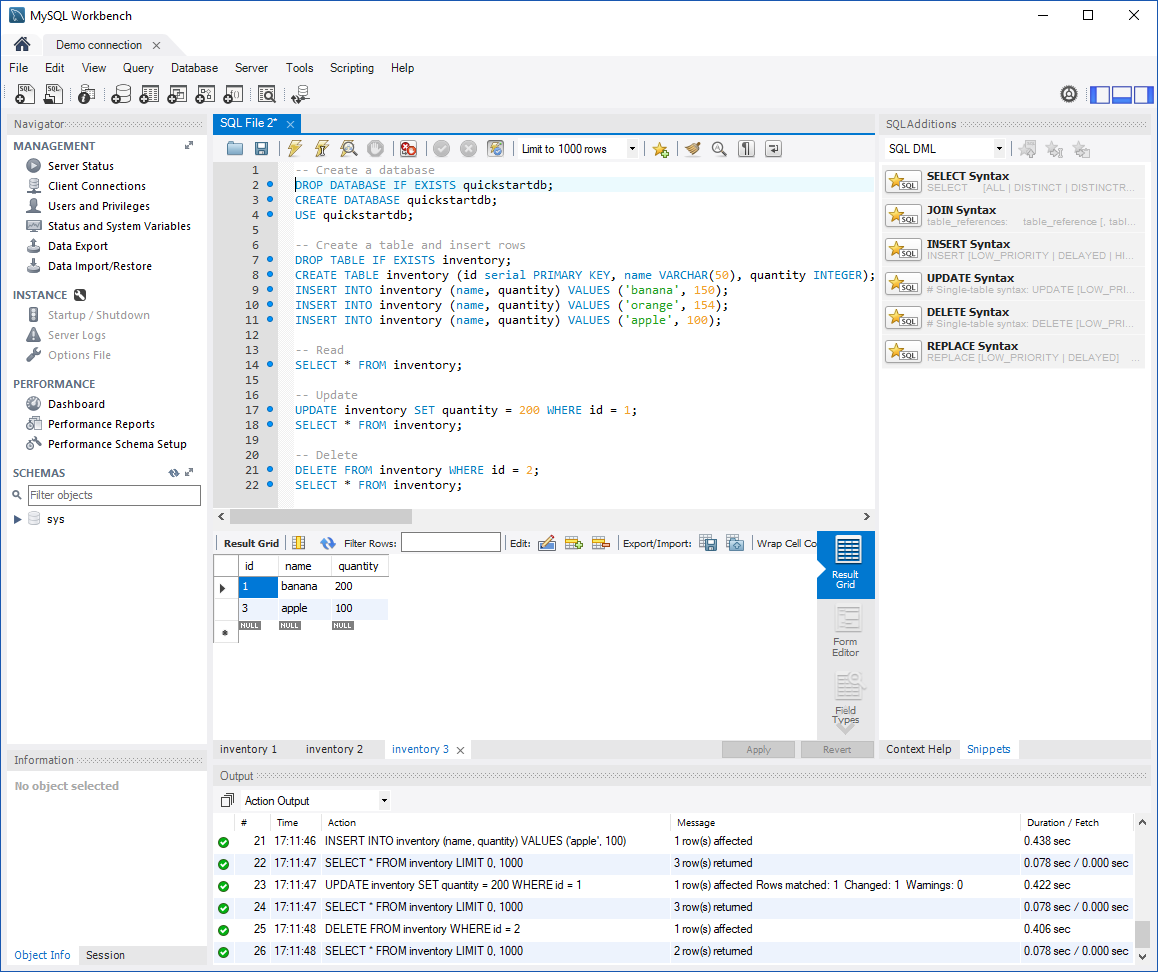 Onglet Workbench MySQL de SQL pour exécuter l’exemple de code SQL