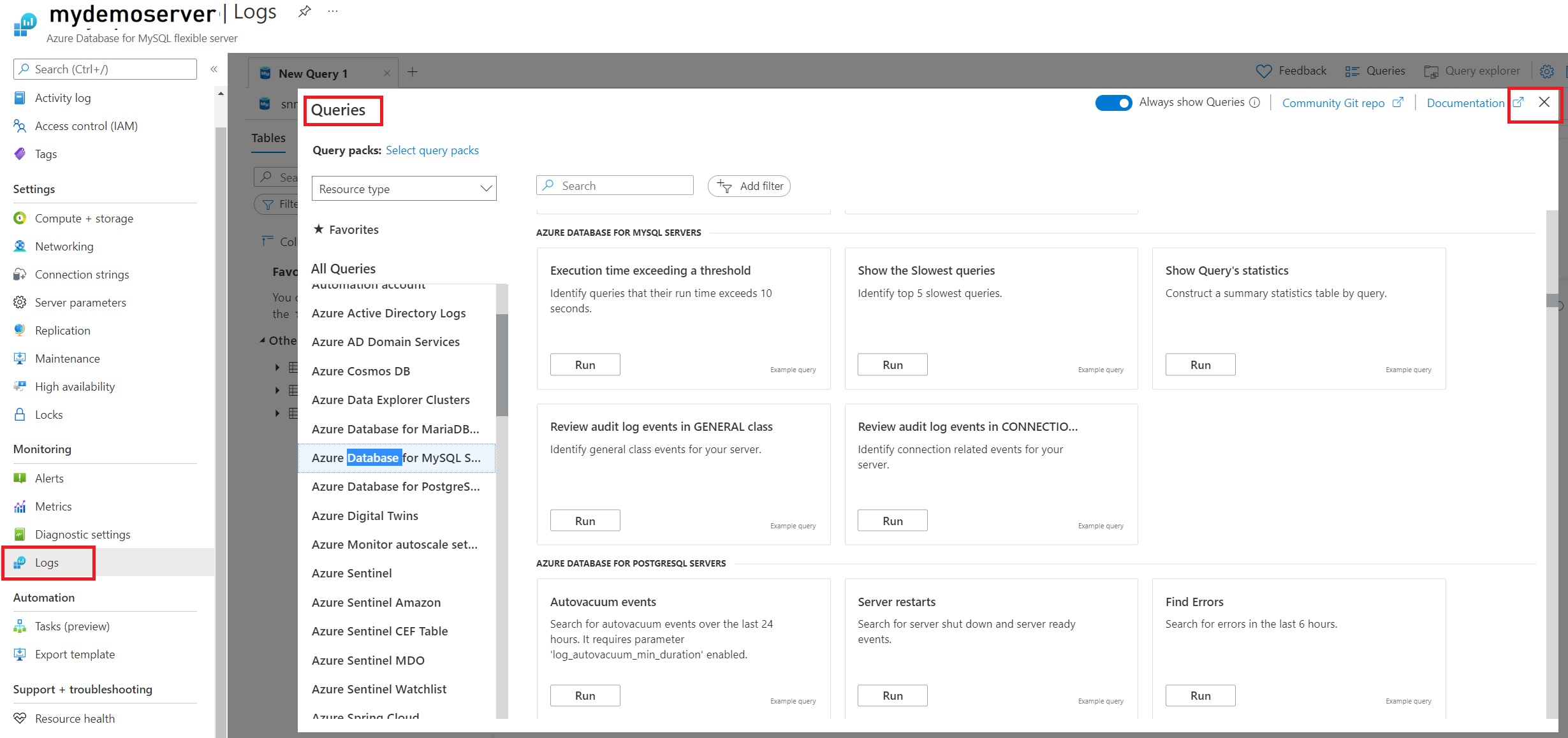 Capture d’écran du volet « Requêtes » de Log Analytics.