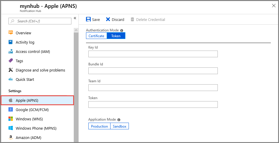 Capture d’écran de la configuration d’un jeton APNS sur le portail Azure