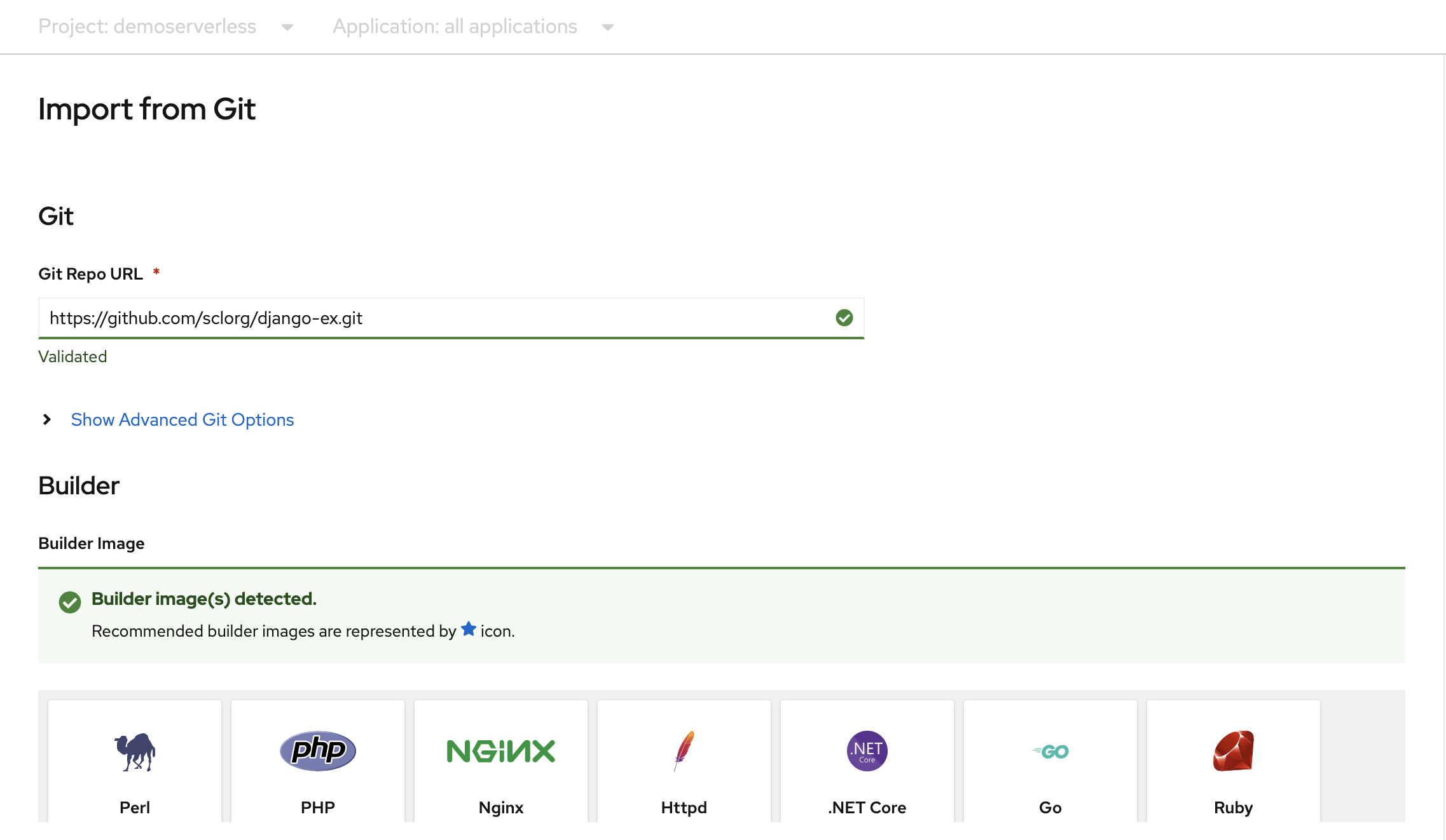 Capture d’écran montrant le projet Azure Red Hat OpenShift depuis Git.