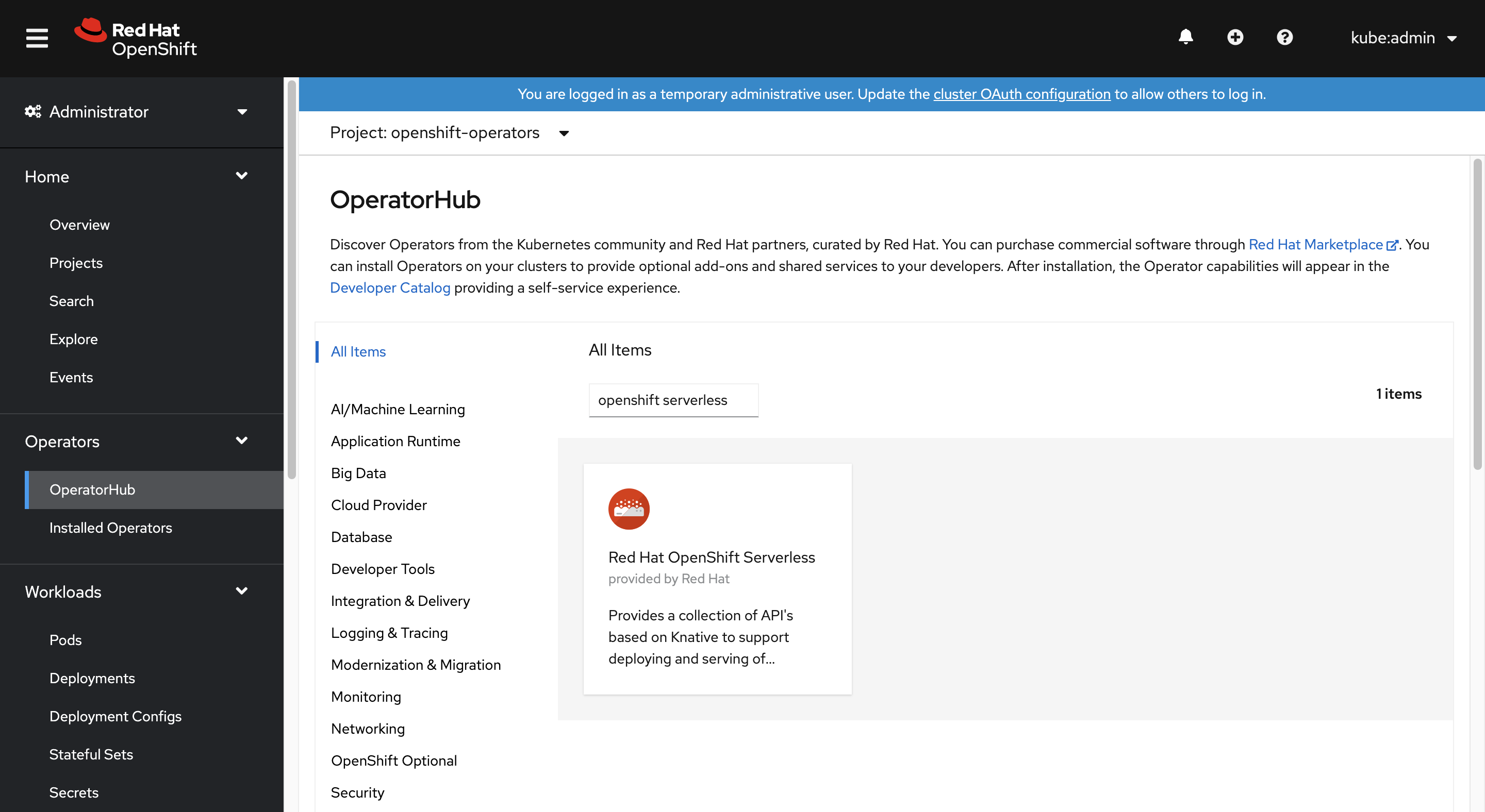 Capture d’écran montrant la position de l’opérateur OpenShift Serverless.