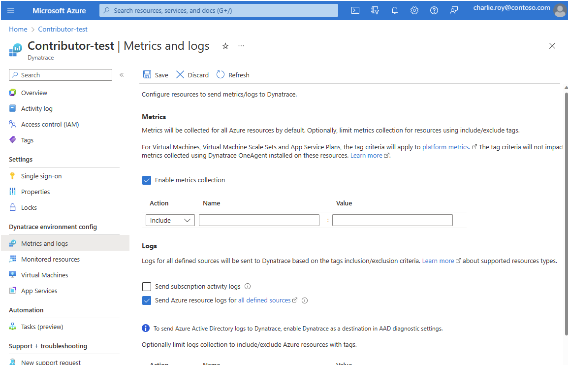 Capture d’écran montrant les options disponibles pour les métriques et les journaux.