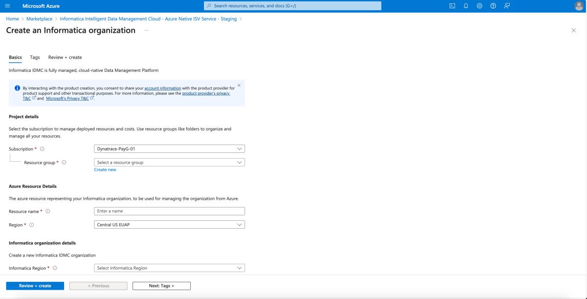 Capture d’écran du volet des informations de base de l’expérience de création Informatica.