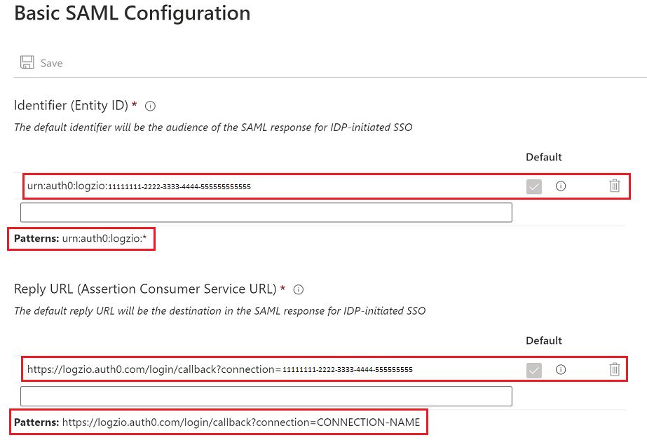 Capture d’écran des paramètres de configuration SAML de base.