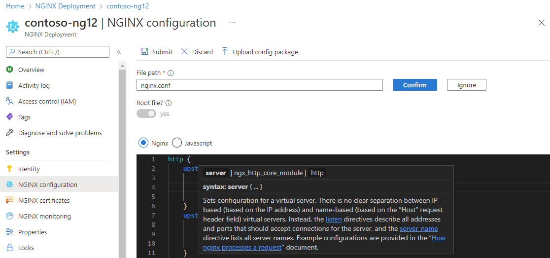 Capture d’écran de l’éditeur du fichier config avec IntelliSense affiché.