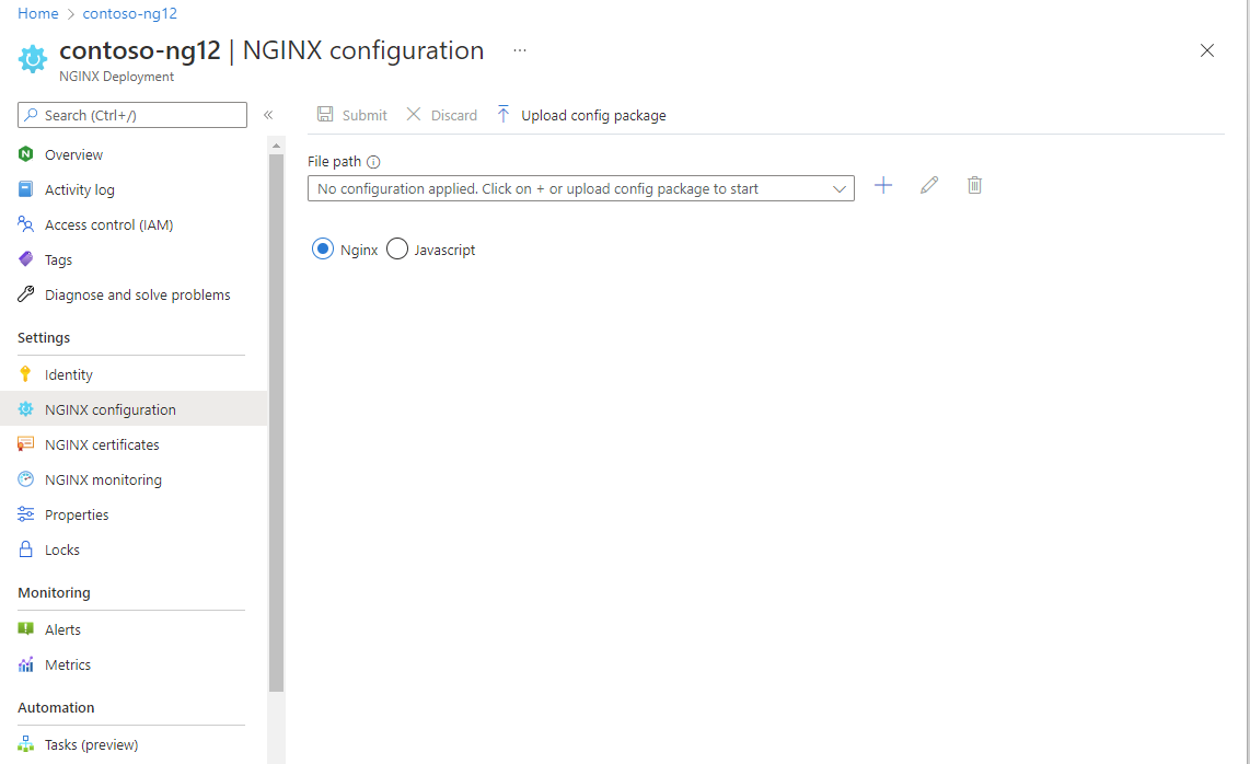 Capture d’écran des ressources pour les paramètres de configuration NGINXaaS.