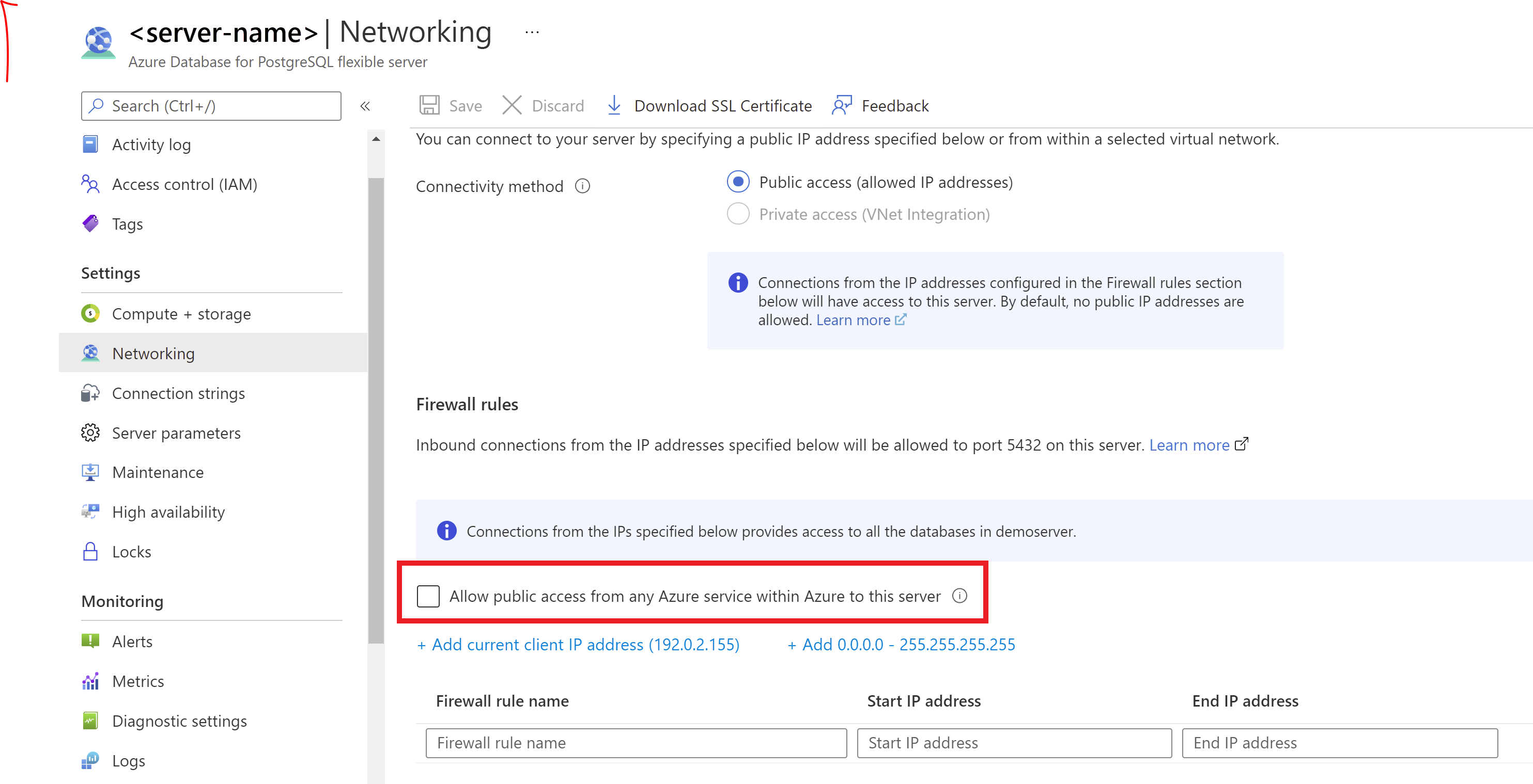 Capture d’écran montrant les sélections permettant d’autoriser l’accès aux services Azure dans le portail.