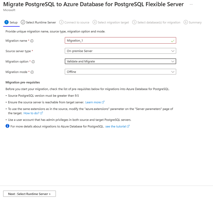 Capture d’écran de la page de configuration de la migration dans le portail Azure.