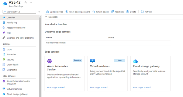 Capture d’écran de la ressource Azure Stack Edge dans le portail Azure. Azure Kubernetes Service (PRÉVERSION) s’affiche sous les services Edge dans le menu de gauche.