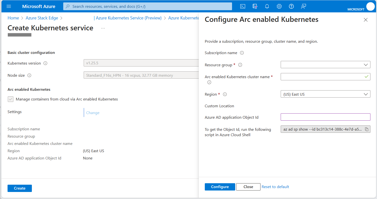 Capture d’écran du volet Configurer Kubernetes avec Arc, montrant où entrer l’OID d’emplacement personnalisé.