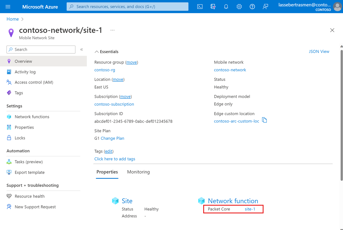 Capture d’écran du portail Azure, montrant le champ Packet Core.