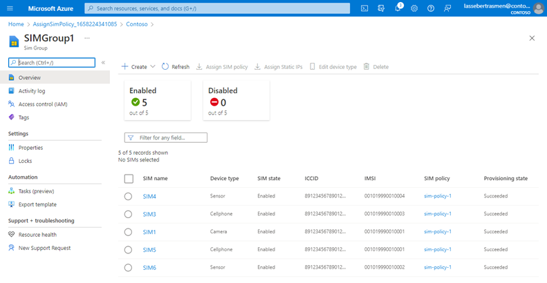 Capture d’écran du portail Azure montrant une ressource Groupe de cartes SIM contenant des cartes SIM.