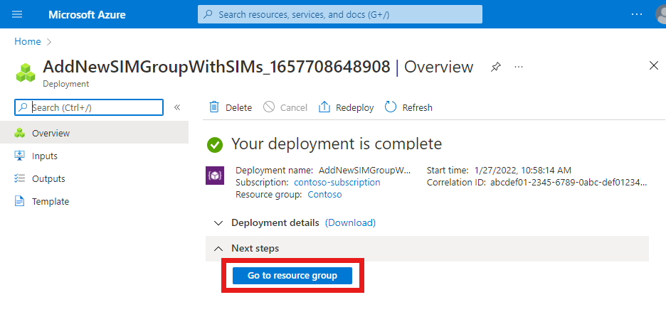 Capture d’écran du portail Azure montrant un déploiement terminé de ressources de groupe SIM et de cartes SIM via un fichier JSON, avec le bouton Accéder à la ressource mis en évidence.