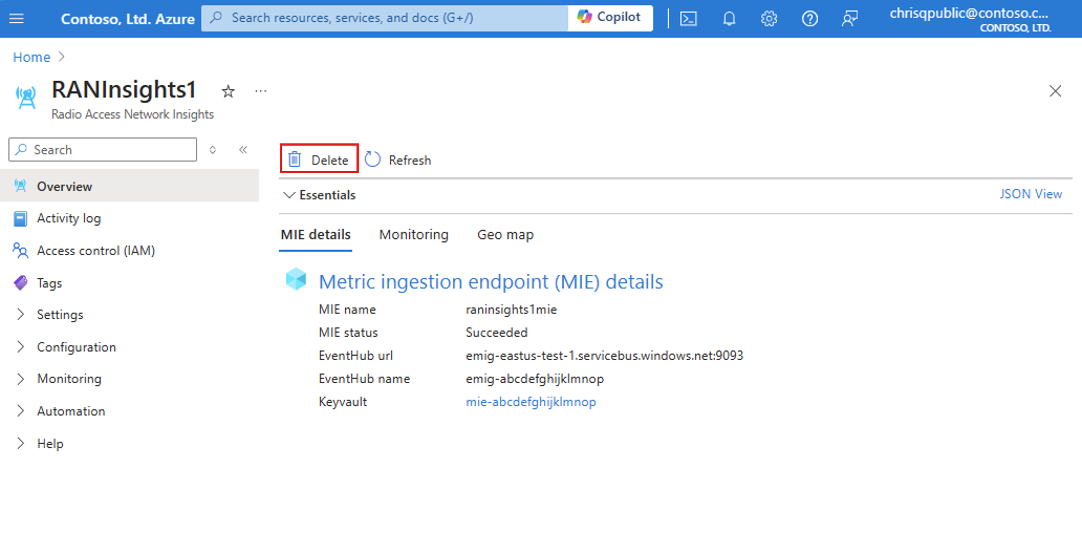 Capture d’écran du portail Azure présentant la suppression d’une ressource d’insight RAN sur la ressource d’insight RAN.