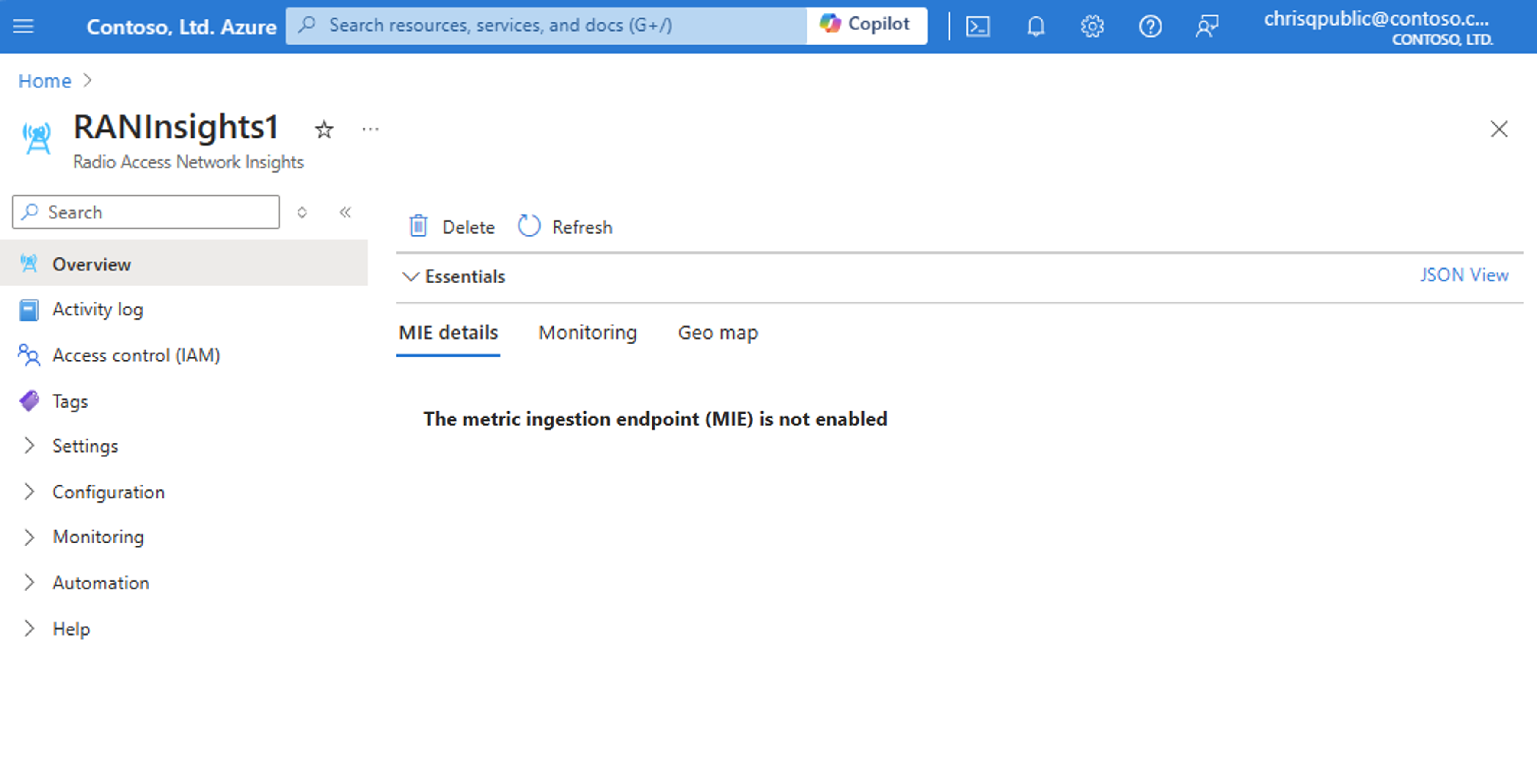 Capture d’écran du portail Azure présentant le MIE de la ressource d’insight RAN non activé.