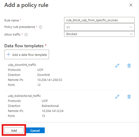 Capture d’écran du portail Azure montrant l’écran Ajouter une règle de stratégie avec une configuration de règle destinée à bloquer du trafic UDP.