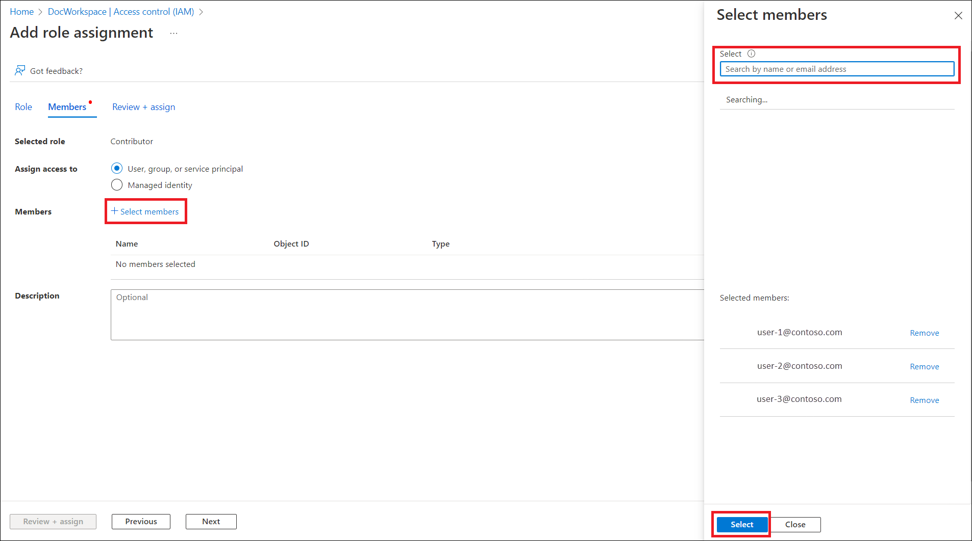 Capture d’écran montrant comment sélectionner vos utilisateurs à ajouter à votre espace de travail Azure Quantum.