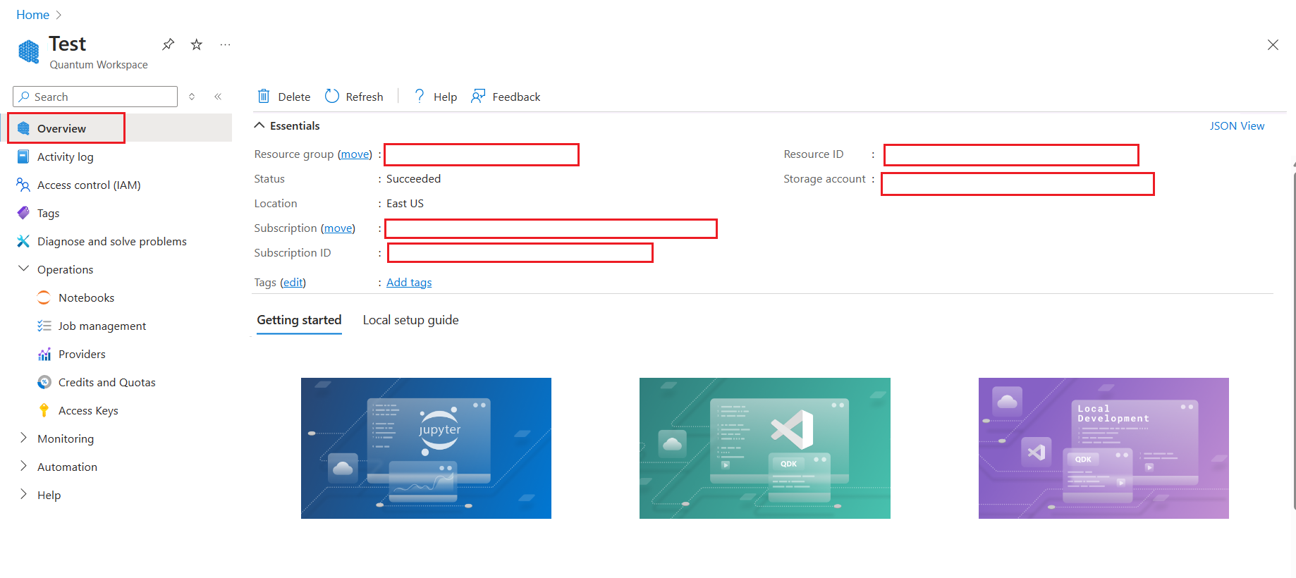 Capture d’écran du panneau de vue d’ensemble d’un espace de travail dans le portail Azure. L’emplacement et l’ID de ressource sont marqués à l’intérieur d’un rectangle rouge.