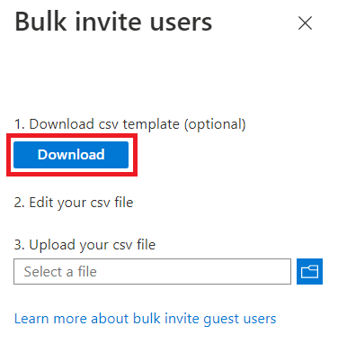 Capture d’écran montrant comment télécharger le modèle CSV Invitation des utilisateurs en bloc.