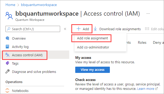 Capture d’écran montrant comment créer une attribution de rôle sur votre espace de travail Azure Quantum.