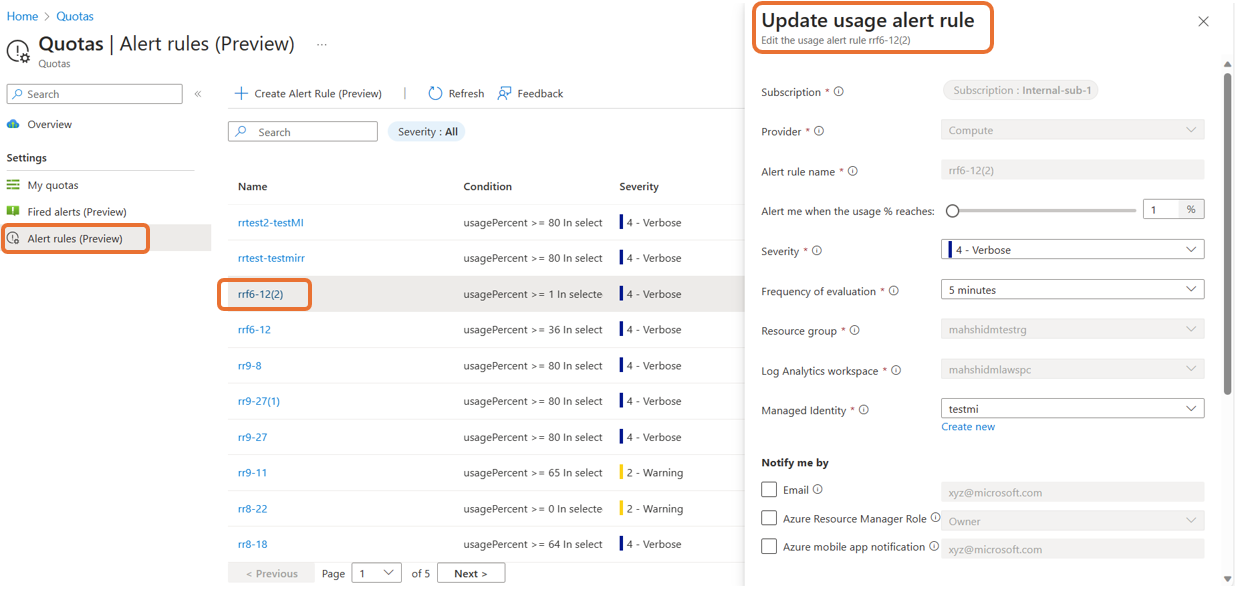 Capture d’écran montrant comment modifier des règles à partir de l’écran Règle d’alerte dans le portail Azure.