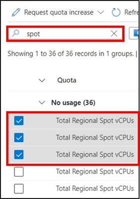 Capture d’écran montrant la sélection de quota Spot dans le portail Azure.