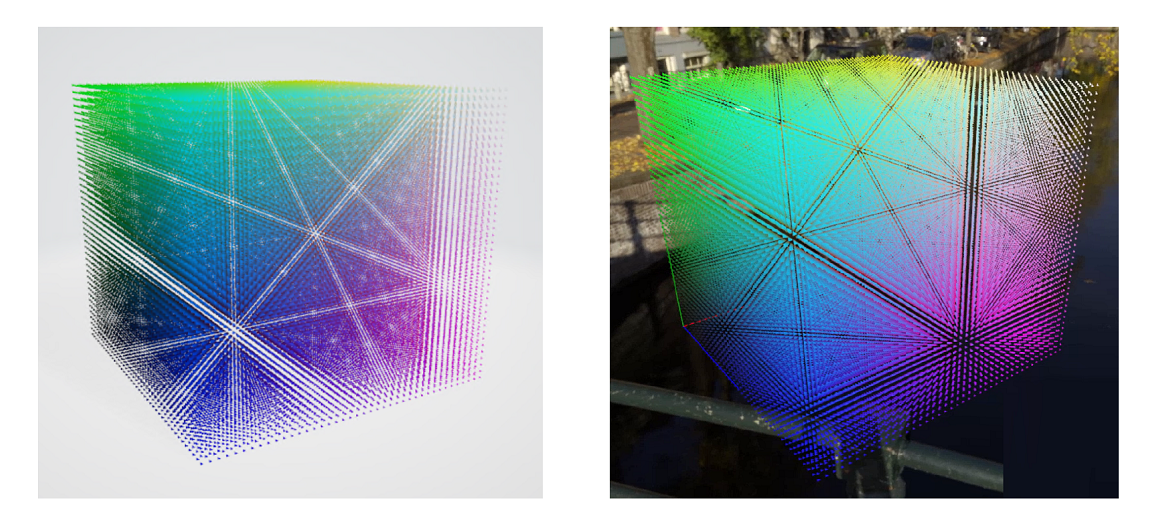 Capture d’écran montrant deux cubes de 68 921 triangles colorés et l’effet de la déduplication.