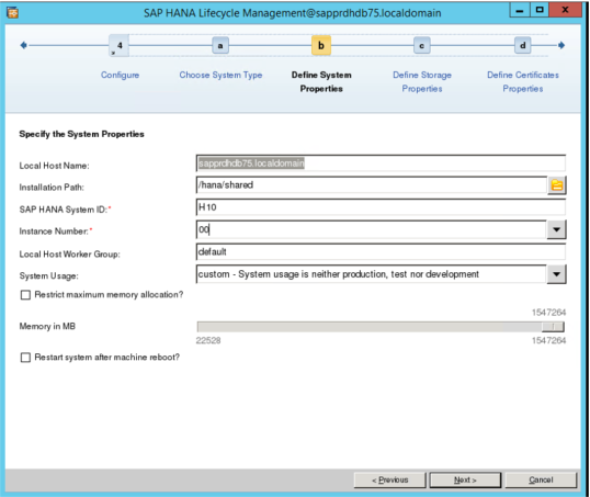 Capture d’écran de la gestion du cycle de vie de SAP HANA, avec les champs des propriétés système à renseigner.