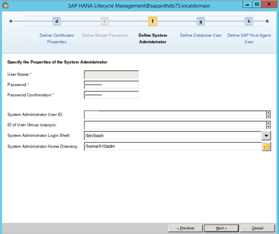 Capture d’écran de la gestion du cycle de vie de SAP HANA, avec les champs administrateur système à renseigner