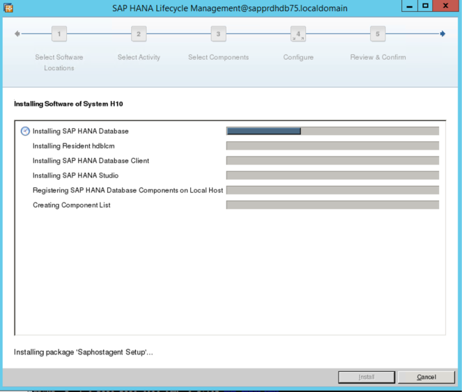 Capture d’écran de la gestion du cycle de vie de SAP HANA, avec les indicateurs de progression de l’installation.