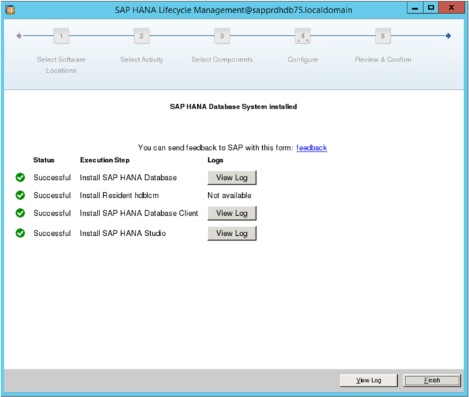 Capture d’écran de la gestion du cycle de vie de SAP HANA, indiquant que l’installation est terminée.