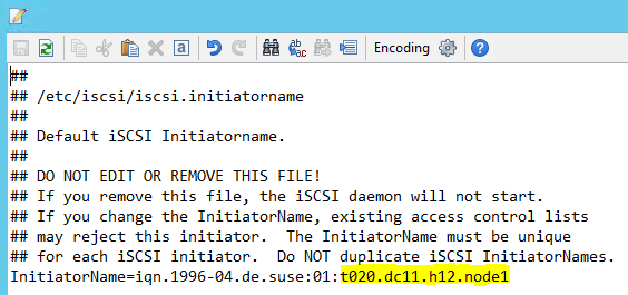 Capture d’écran représentant un fichier initiatorname avec les valeurs InitiatorName d’un nœud.