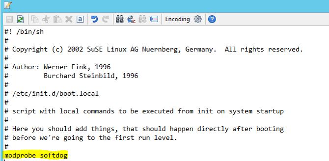 Capture d’écran représentant un fichier de démarrage dans lequel la ligne softdog a été ajoutée.