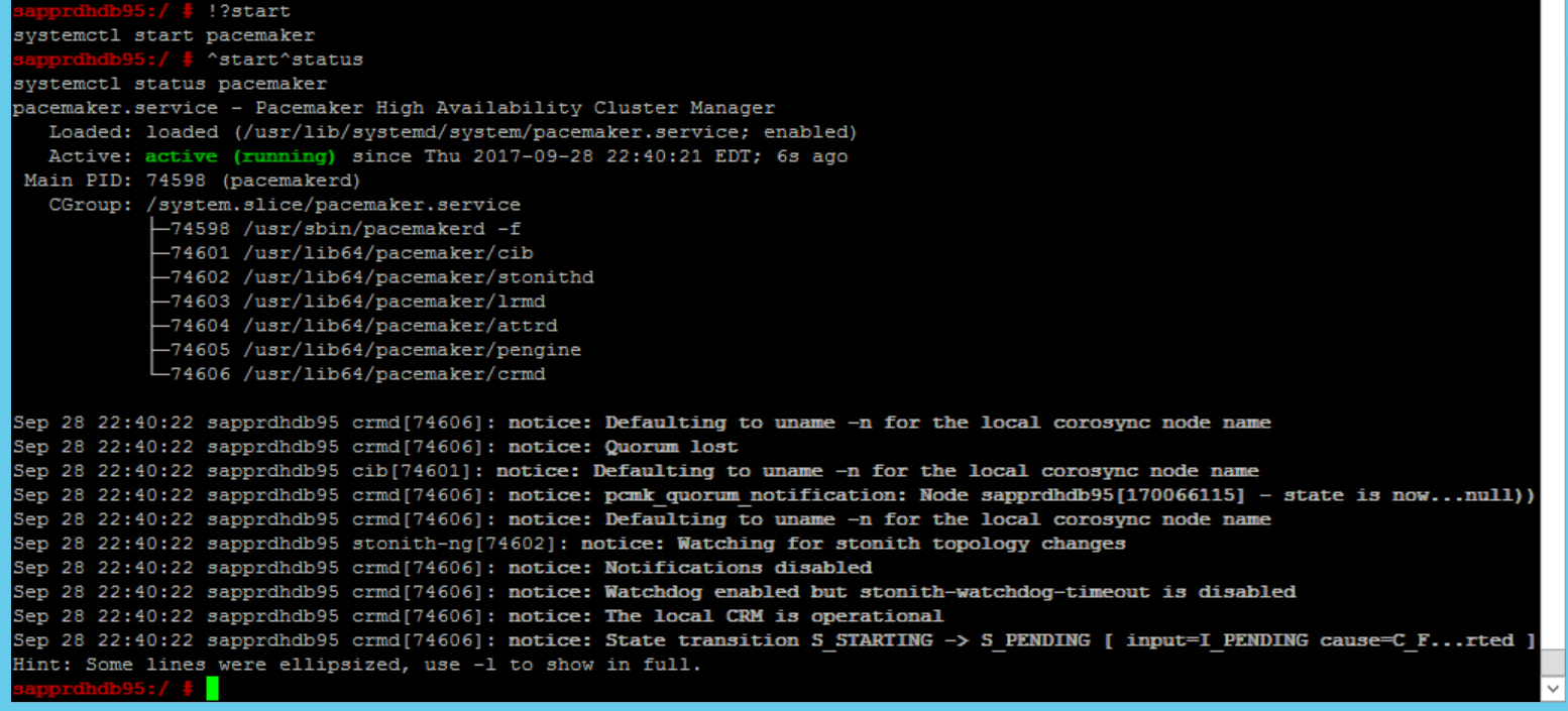 Capture d’écran représentant une fenêtre de console qui affiche l’état après le démarrage du service pacemaker.
