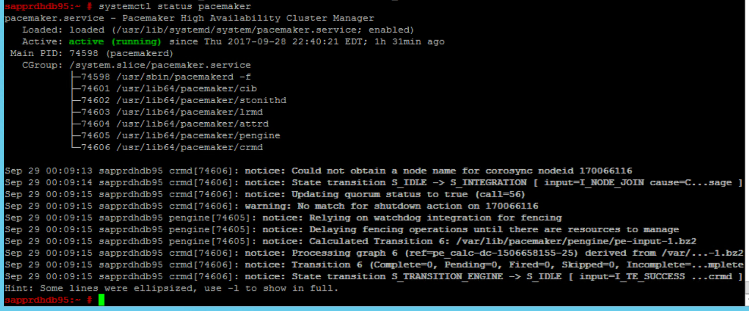 Capture d’écran représentant une fenêtre de console avec l’état du service pacemaker.