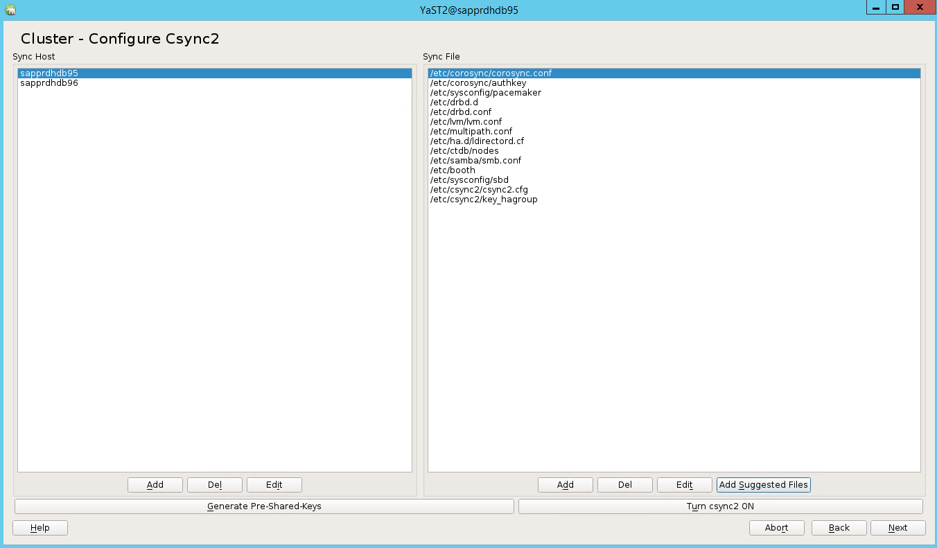 Capture d’écran représentant la fenêtre Configurer le cluster ainsi que les listes Hôte de synchronisation et Fichier de synchronisation.