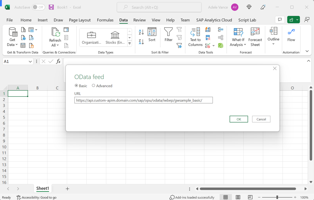 Capture d’écran montrant l’Assistant Configuration OData dans Excel Desktop.