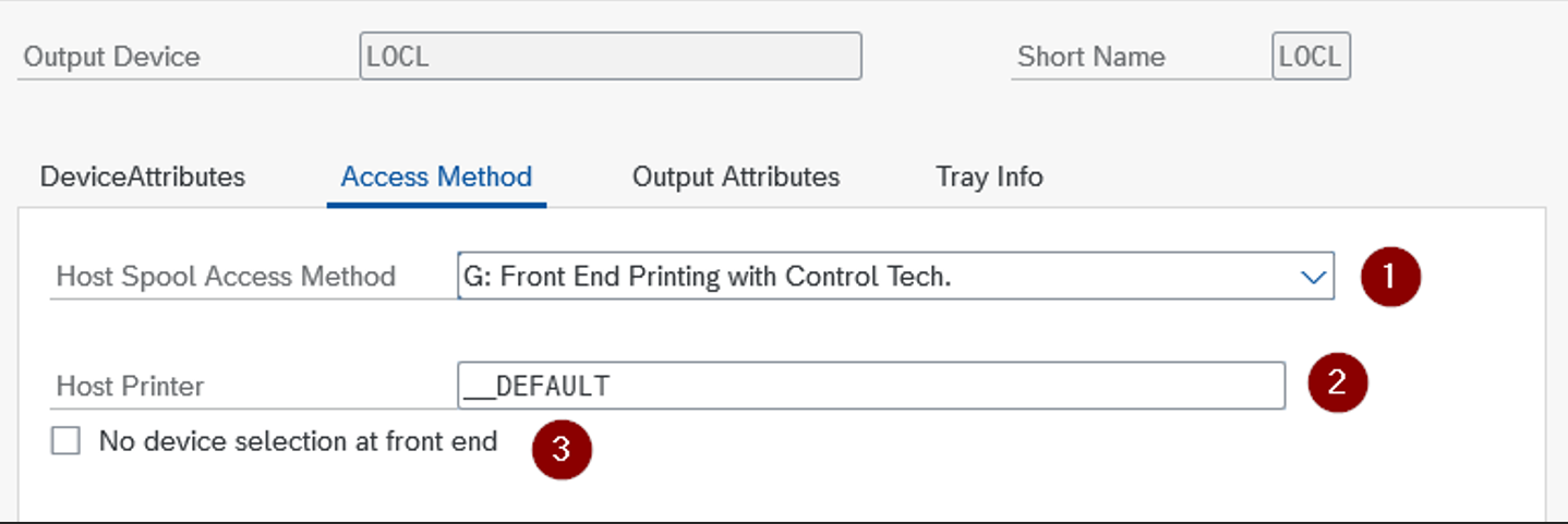 Exemple de boîte de dialogue dans SAP transaction SPAD montrant la définition de l’imprimante.