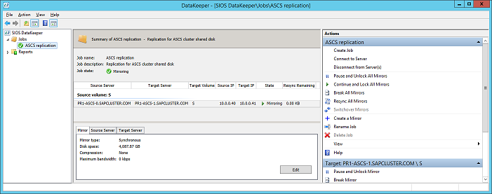 Figure 44 : La mise en miroir synchrone de DataKeeper pour le disque de partage SAP ASCS/SCS est active