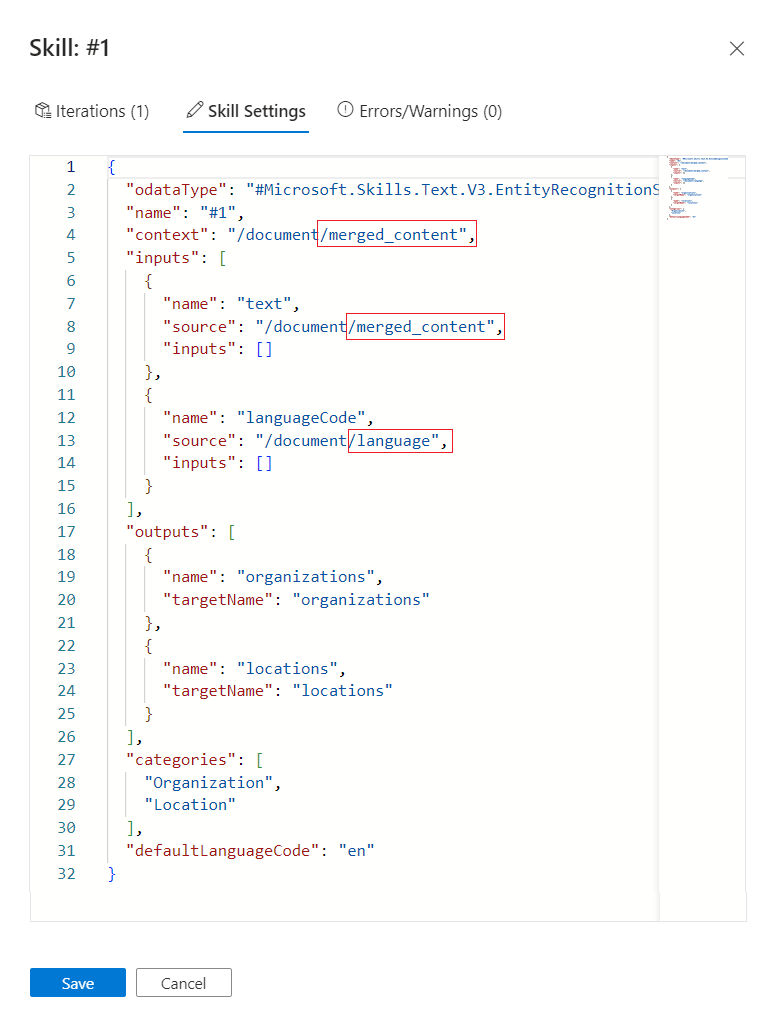 Capture d’écran de la définition de compétence avec toutes les modifications indiquées.