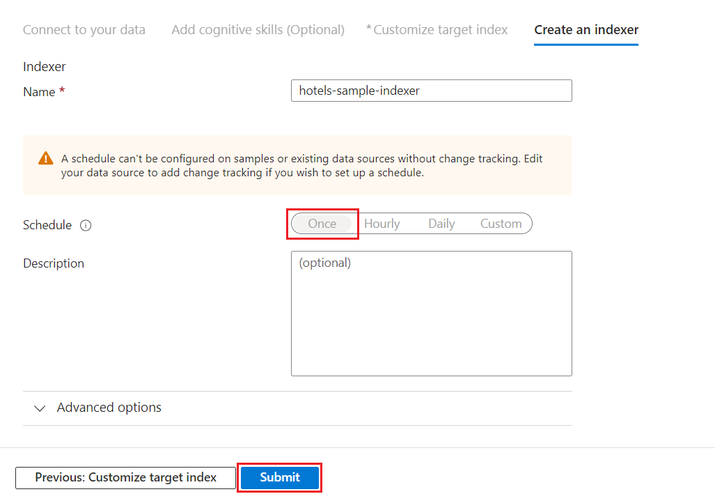 Capture d’écran montrant comment configurer l’indexeur pour la source de données hotels-sample dans l’assistant Importation des données.