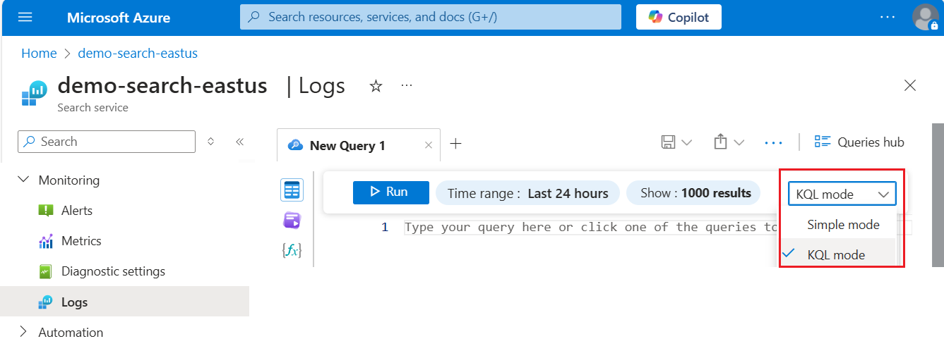 Capture d’écran de l’option du mode KQL dans l’explorateur de requêtes du Portail Azure.